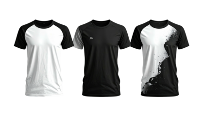 Three shirts. Raglan sleeves, monochrome, minimal design. Solid black, white, and abstract print. Front view, clean studio shot