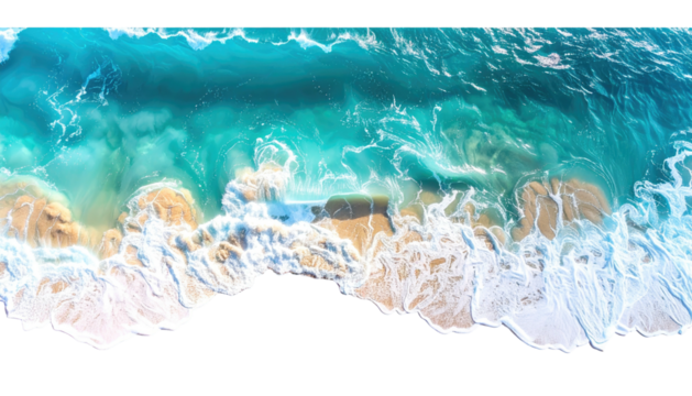 Beach meets ocean, turquoise waves crash on soft tan sand