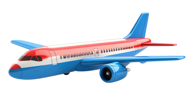 An airplane, colored red, white, and blue, in flight against a black background, with a single engine - Powered by Adobe