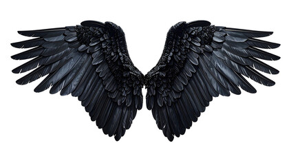 Spread dark wings detailed with intricate feathers, against black