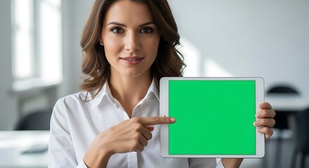 Professional woman in a white shirt holding a tablet with a green screen and pointing at it.