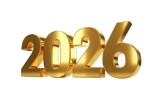 Elegant golden 2026 isolated on transparent background, perfect for new years eve, graduation announcements, and futurethemed designs