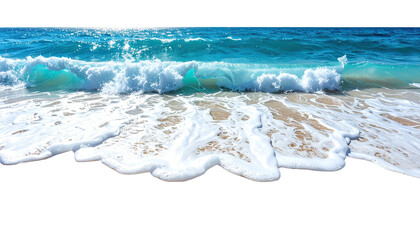 Waves crashing on sandy beach, turquoise water sparkles brightly