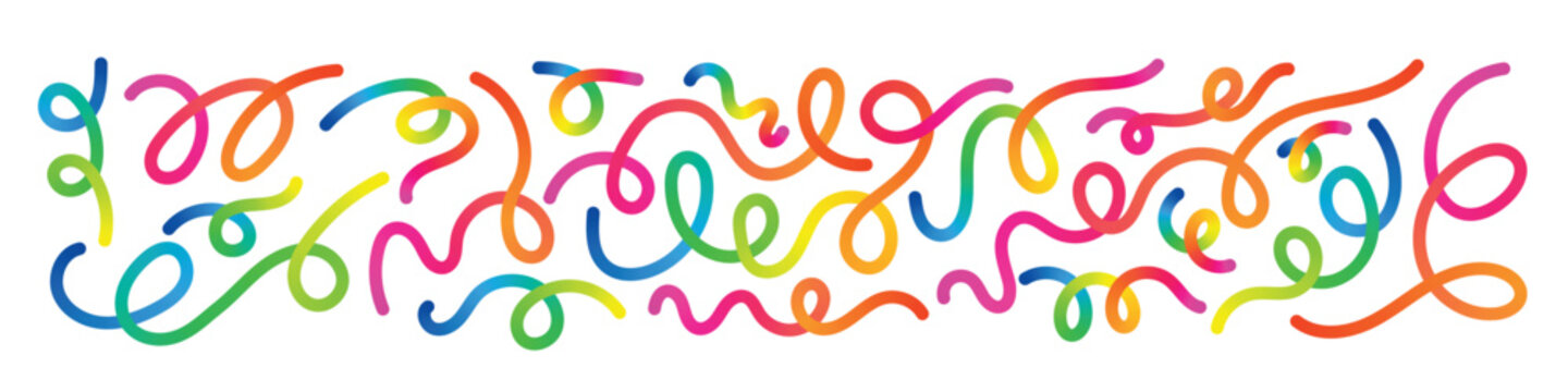 Abstract colorful gradient ribbon lines pattern. 3D rainbow swirl and curve strokes with fluid motion and playful shapes. Vibrant wavy squiggles on white background for modern decorative design