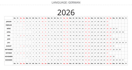 Simple 2026 german linear annual year calendar Germany. deutsch kalender