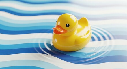 Floating yellow duck on stylized striped water surface — highlighting leisure, imagination, and cheerful atmosphere