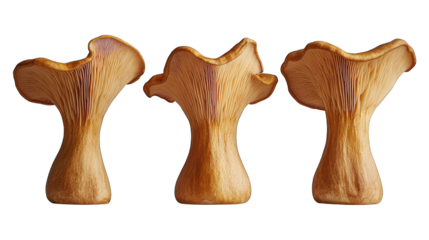 Three tan oyster mushrooms viewed from underneath on a solid black background