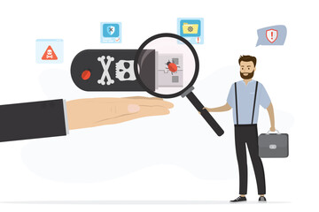 Fight against computer viruses, spam and scam on usb flash. Antivirus software, firewall or system administrator examines USB drive and searches for viruses or malware.