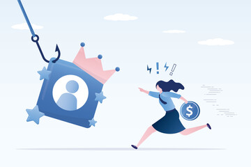 Premium account on hook, bait. Woman customer fast run and want take vip status or premium profile. Marketing, promotion campaign. Deception, scam, fake luxury.