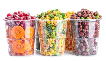 Frozen colorful mixed vegetables and berries in transparent containers