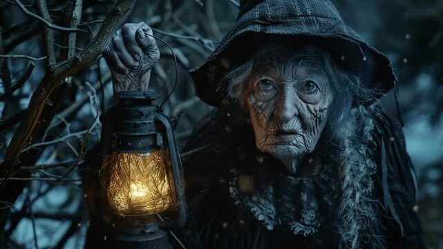 old witch standing in a dark forest Videos