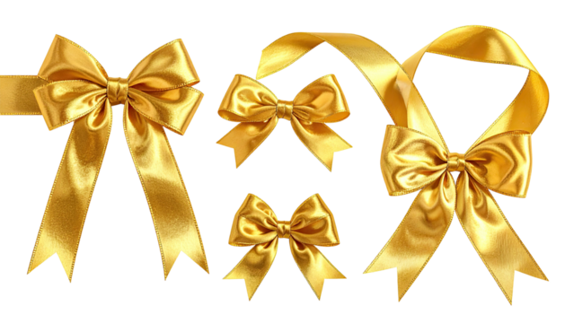 Four gold satin ribbon bows, various sizes on black background