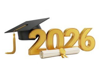 Golden 2026 year with graduation cap and diploma isolated on transparent background, symbolizing academic achievement and future success