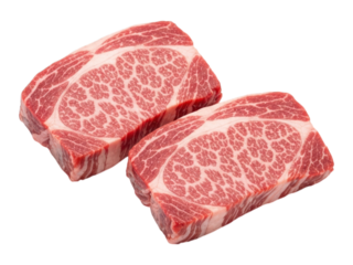 Two marbled cuts of raw pork shoulder, isolated on black background