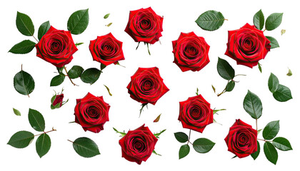 Fototapeta premium Red roses and green leaves scattered on a stark black background