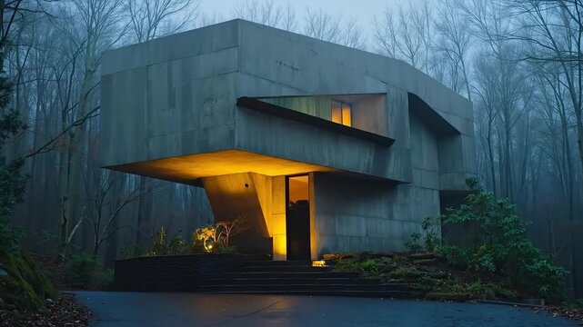 A concrete house in the woods at night