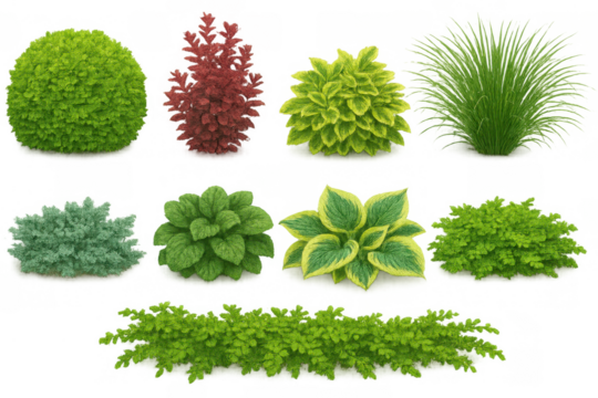 Garden plants, various decorative shrubs, green bushes, and foliage set with transparent background