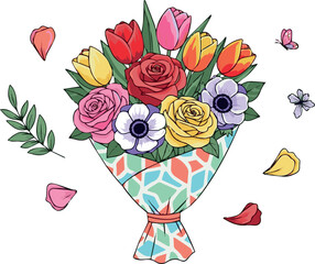 Need Flowers set. Bouquet of roses, tulips, anemones with gift paper and other floral design elements. Modern cartoon concept Vector art with white Background.