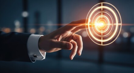 Business professional reaching for a glowing target icon — illustrating strategic planning, progress, and goal achievement