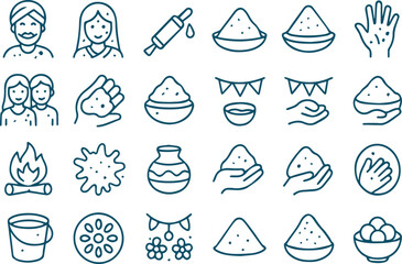 Line art illustration of holi festival icons isolated on white background, showcasing traditional elements and cultural symbols associated with the celebration