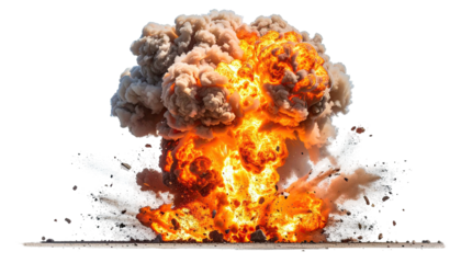 Massive explosion with smoke, flames, and airborne debris rising