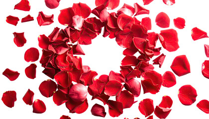 Circular swirl of red rose petals against a black background