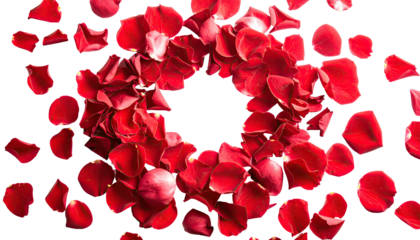 Circular swirl of red rose petals against a black background