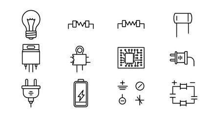 Collection of hand drawn electronic component icons including light bulb resistors capacitor transistor and battery