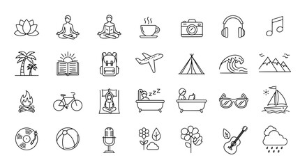 Collection of hand drawn sketch icons representing various activities and objects in a simple doodle style