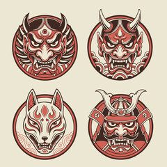 Obraz premium set of tribal japanese mask tattoo
