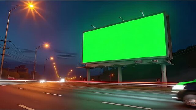 4k - Advertising billboard green screen on sidelines of expressway with traffic at evening, time lapse