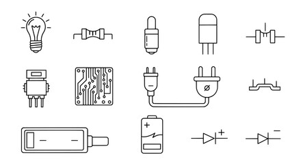 Collection of hand drawn electronic components and circuit symbols representing electrical engineering and technology concepts