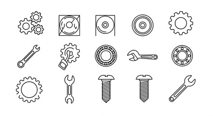 Collection of hand drawn mechanical engineering elements including gears wrenches and bolts on transparent background