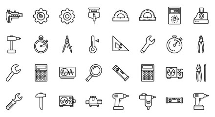 Collection of hand drawn engineering and construction tools icons in a grid layout on white background
