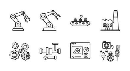 Collection of industrial automation icons representing manufacturing technology robotics and smart factory concepts