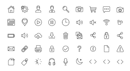 Collection of hand drawn sketch icons representing technology communication and digital concepts in a grid layout