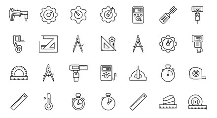 Collection of hand drawn sketch icons representing various engineering and drafting tools and instruments for technical design and planning