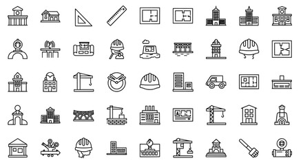 Collection of hand drawn architectural icons representing buildings construction tools and design elements on white background