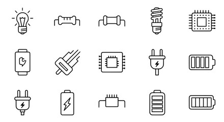 Collection of hand drawn icons representing electrical components and energy sources for technology and power concepts