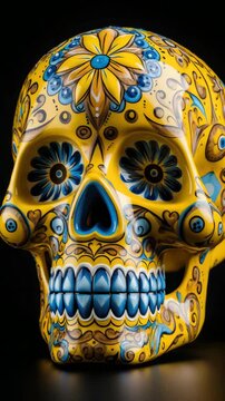 Bright yellow skull decorated with blue flowers and ornate patterns, Day of the Dead tradition, celebratory sugar skull art. Vertical video.