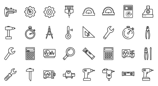 Collection of hand drawn engineering and construction tools icons in a grid layout on white background