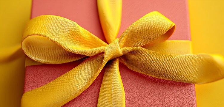 Matte coral gift box with neon yellow ribbon closeup on vivid backdrop