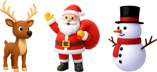 Santa Claus, reindeer, and snowman 3D