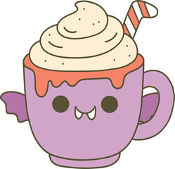 A cute, purple mug with a playful face, topped with whipped cream and a striped straw, resembling a whimsical treat.