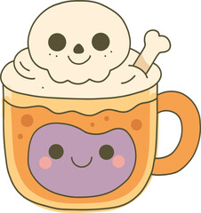 A whimsical mug filled with a creamy beverage topped with a smiling skull and a bone, featuring playful facial expressions.