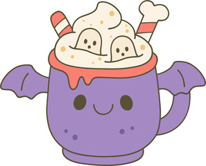 A cute purple mug with bat wings, topped with whipped cream, candy straws, and ghost-shaped marshmallows.