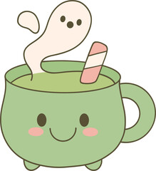 A cute green mug with a smiling face, featuring a ghostly steam shape and a pink-striped straw.
