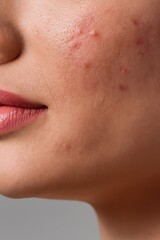 Obraz premium Close-up of woman’s cheek with acne and skin texture