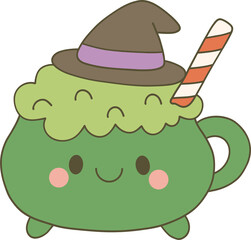 A cute green mug filled with a creamy beverage, topped with a whimsical hat and a striped straw, radiating a playful and festive vibe.