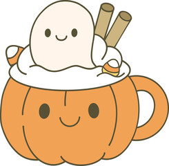 A cheerful pumpkin cup topped with a smiling ghost and cream, featuring cinnamon sticks for an adorable seasonal treat.